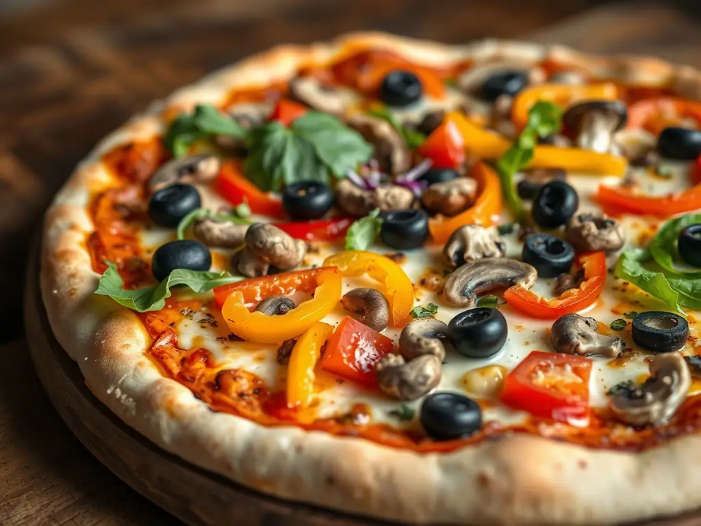 A vibrant, close-up shot of a vegan pizza with colorful vegetables and melted vegan cheese, showcasing the freshness and appeal of the ingredients.