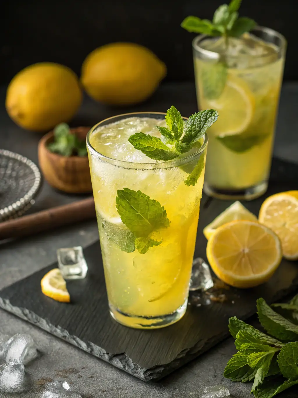 A refreshing glass of homemade lemonade with lemon slices and mint leaves, placed on a table with a blurred background of the Call a Pizza restaurant, highlighting the beverage option.