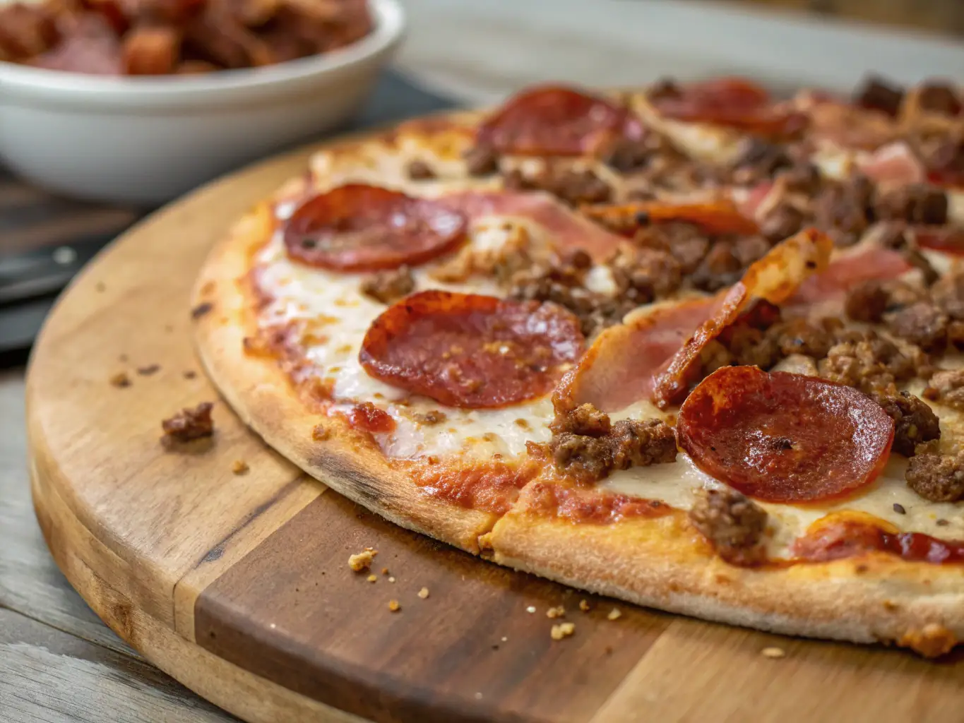 A mouth-watering image of a meat lover's pizza loaded with pepperoni, sausage, bacon, and melted mozzarella cheese, highlighting the rich and savory flavors.