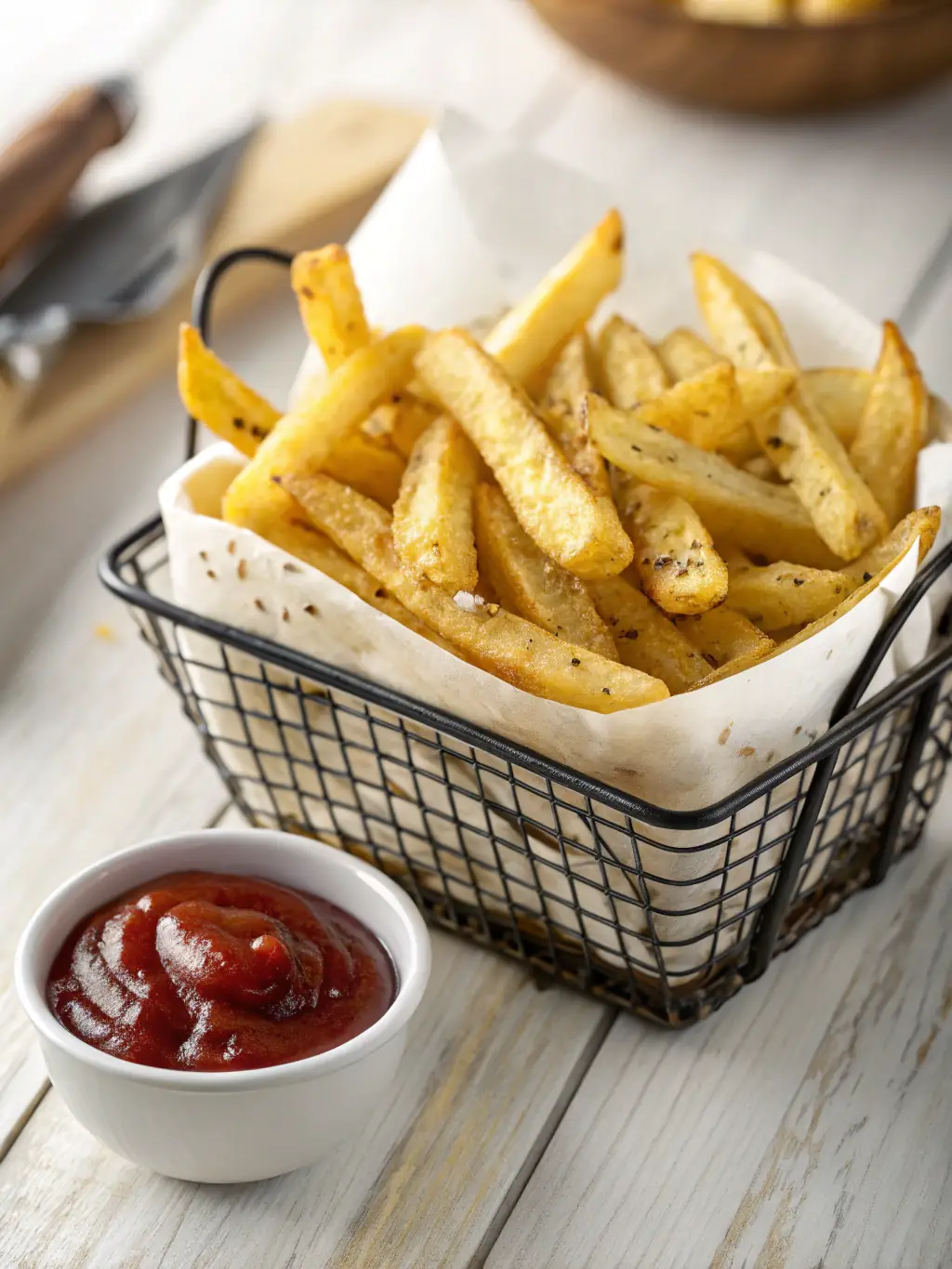 A basket of golden, crispy french fries sprinkled with sea salt, presented with various dipping sauces in small ramekins.