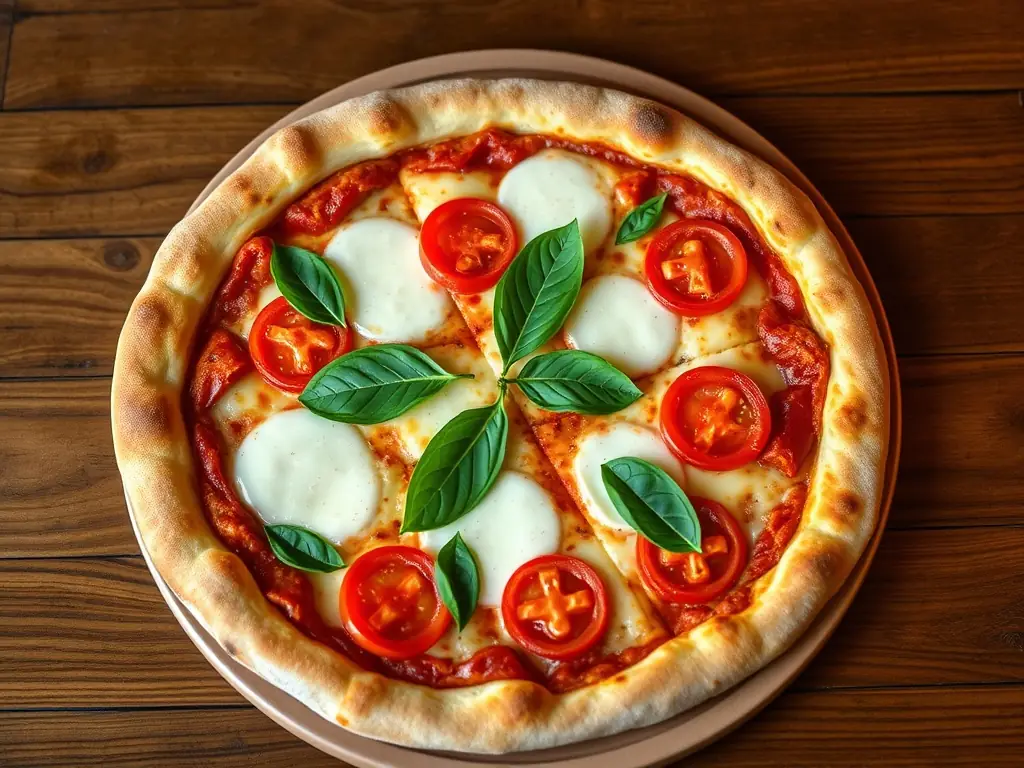 A vibrant, overhead shot of a Margherita pizza with fresh basil leaves, showcasing its simplicity and fresh ingredients, set in a warm, inviting pizzeria ambiance.
