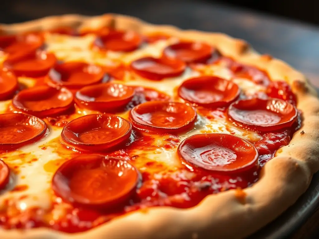 A classic cheese pizza with perfectly melted mozzarella and a golden-brown crust, emphasizing the simplicity and comfort of this timeless favorite.