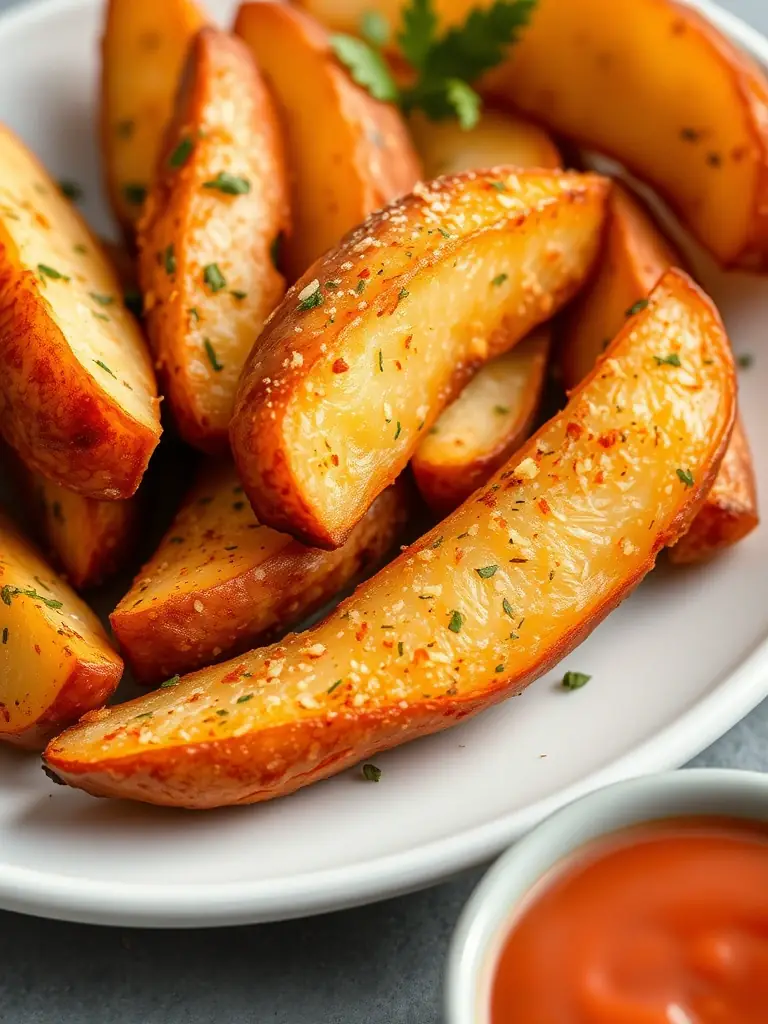 A stack of golden, crispy potato wedges seasoned with paprika, served in a paper cone, with a blurred background of the Call a Pizza kitchen, showcasing the side dish.