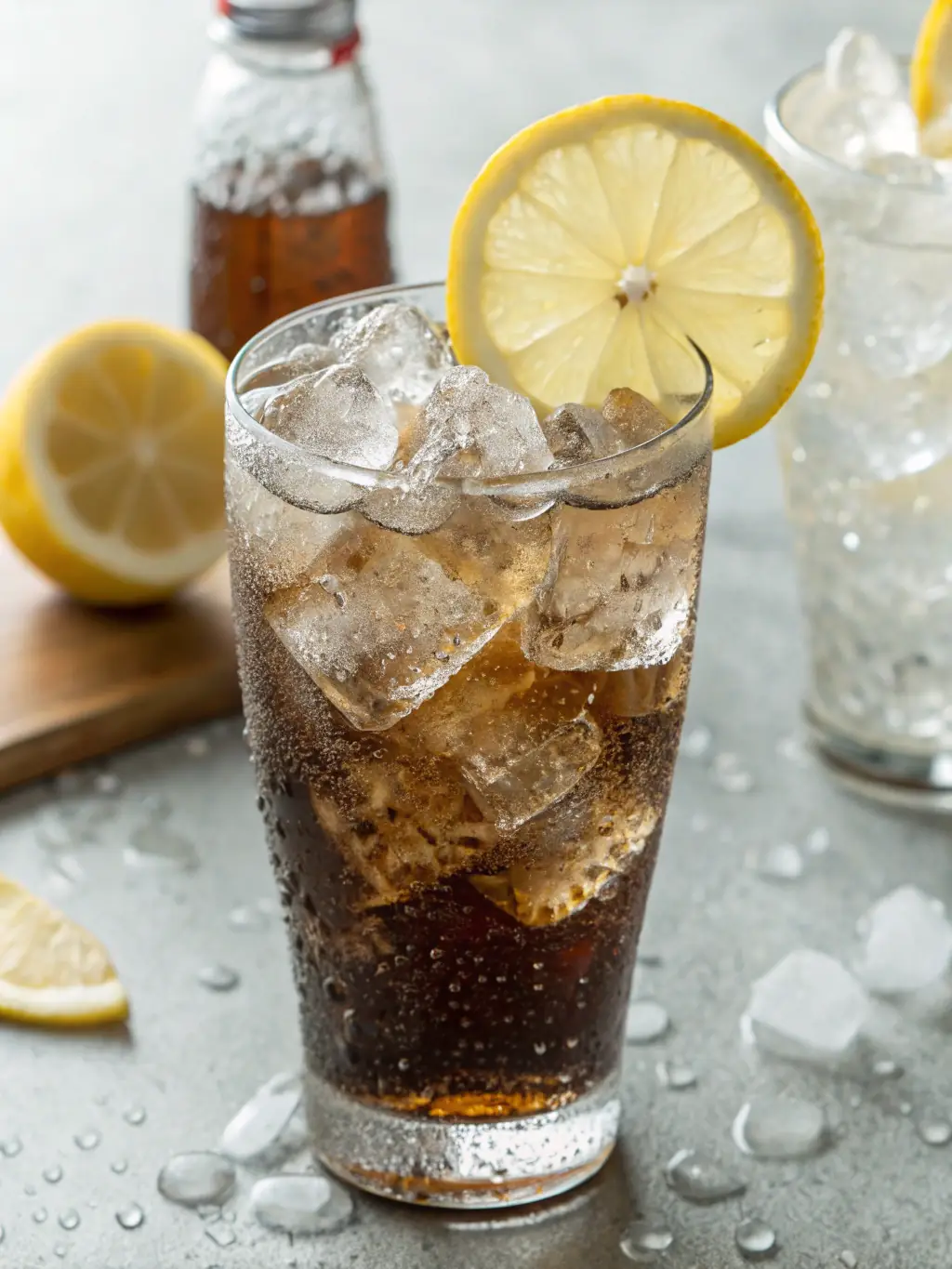 A bottle of sparkling water with condensation, next to a glass filled with ice cubes and a slice of lime, suggesting a refreshing and healthy beverage option.