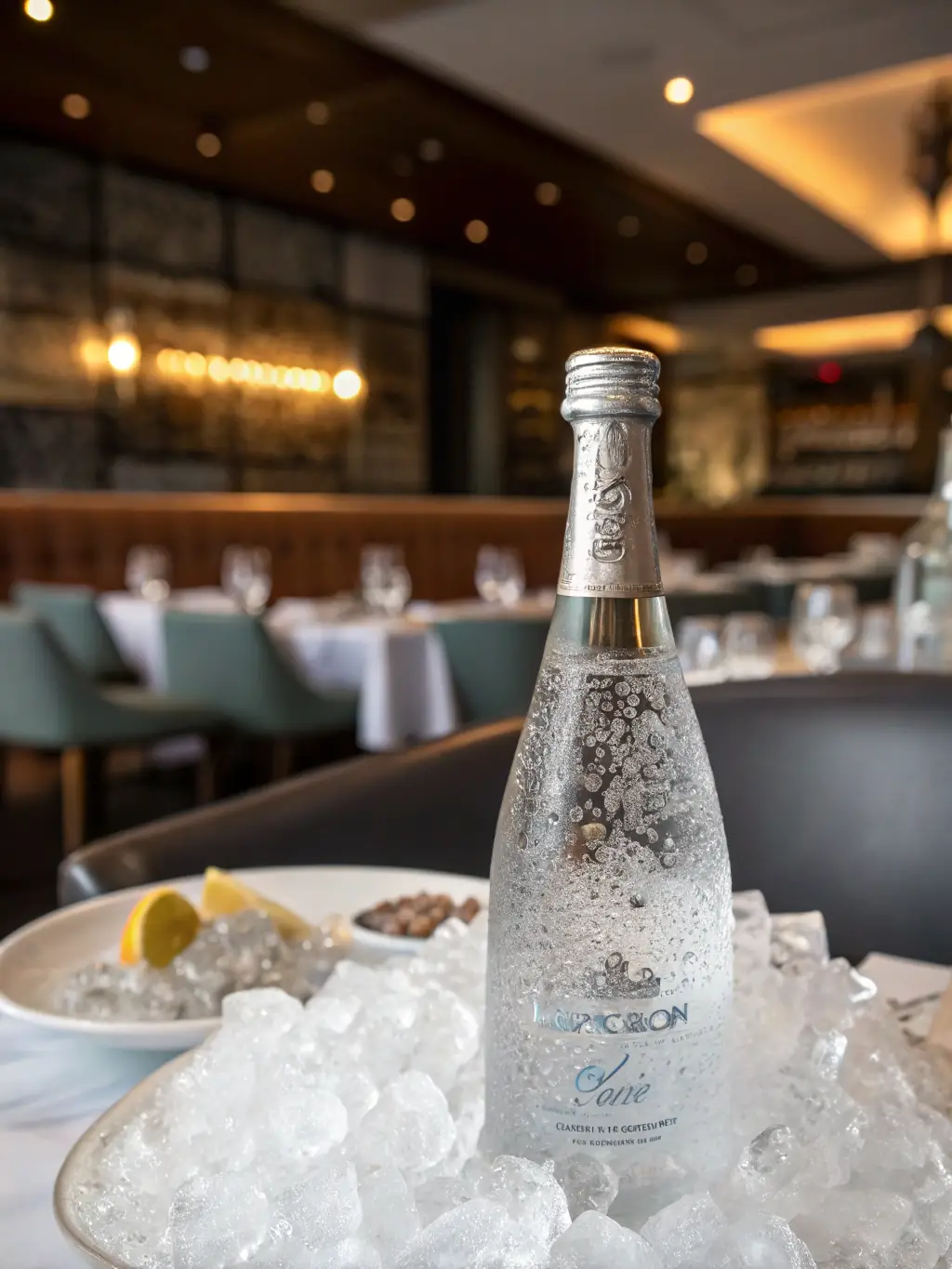 A bottle of chilled sparkling water with condensation, placed next to a Call a Pizza pizza box, highlighting the beverage option for customers.