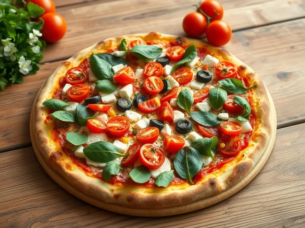 A close-up image of a vegan pizza topped with colorful vegetables, plant-based cheese, and a drizzle of olive oil, highlighting its healthy and delicious appeal.