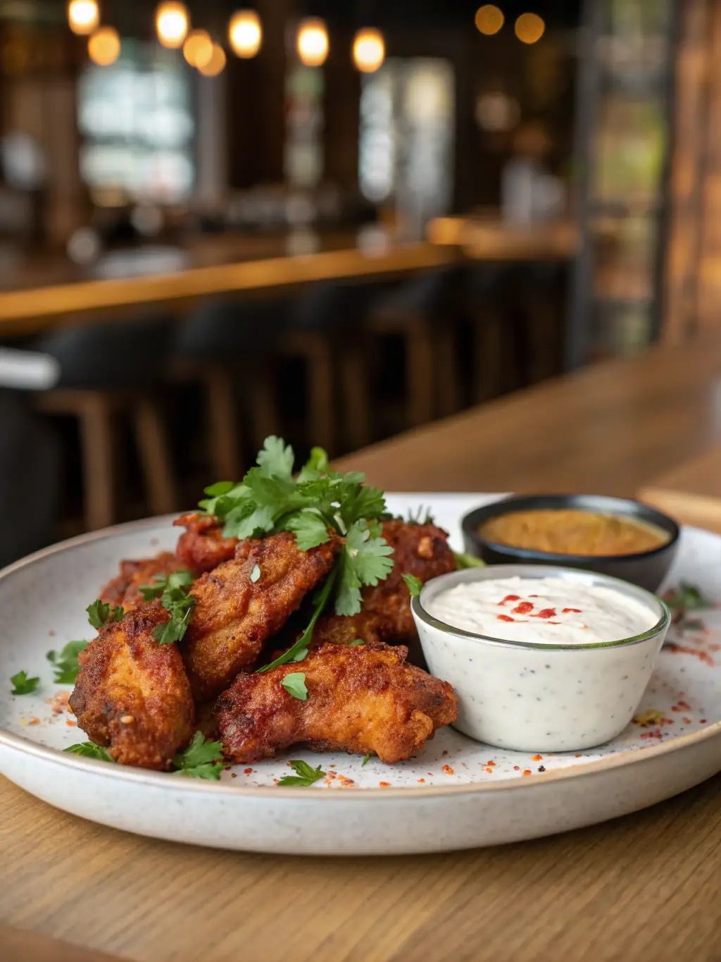 A close-up shot of crispy, golden-brown chicken wings seasoned with herbs and spices, arranged on a rustic wooden board with a side of dipping sauce.